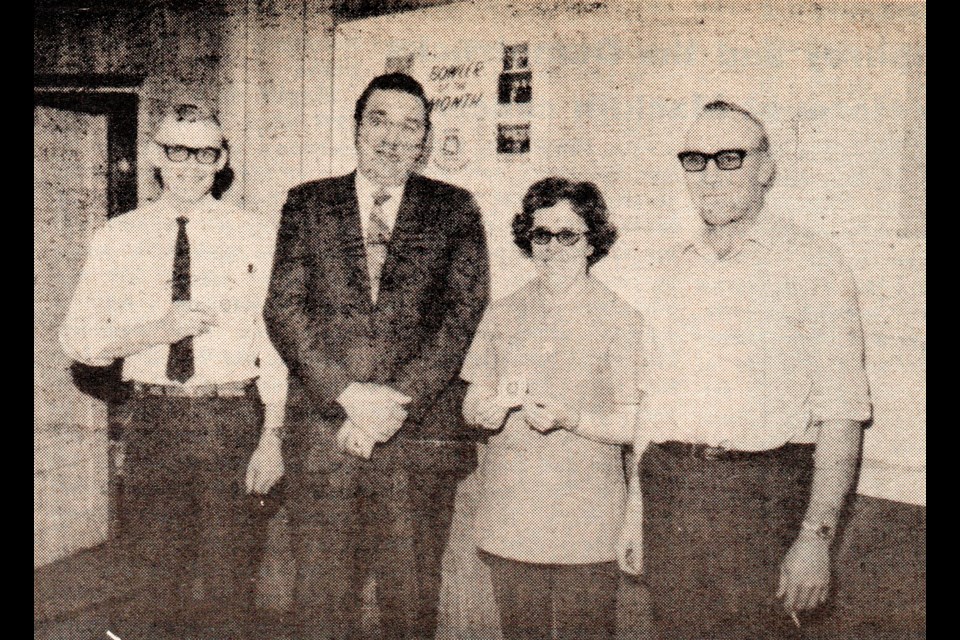 50 years ago, Frank Doktycz, presented bowling awards to Harold Graham and Lillian Wagner, in the presence of Bowladrome proprietor, Ed Leier.