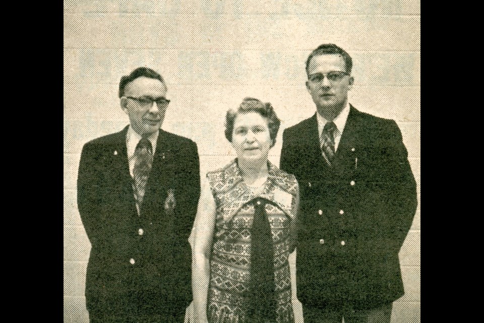 Receiving 25-year pins from the Wilkie Teachers' Association were Mr. N. Mapes of Leipzig, Mrs. E.. Domeny of Unity and Mr. O. Ens fo Cut Knife.  