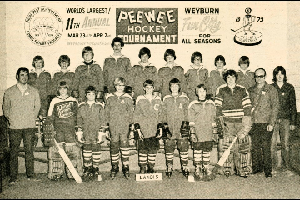 Landis Pee Wees came home from a 1973 Weyburn tournament as B side champions: back row, Doug Risling, Dwayne Small, Rick Lehnert, Eric Ulsifer, Wayne Kappel, Ken Rohs, Danny Ulrich, Murray Zipchen, Lloyd Ulsifer; front row, Coach Garry, Ken Moar, Garth Knobel, Mark Schommer, Calvin Halter, Terry Rohs, Jeff Bent, Kevin Poelzer, manager Don Knobel and trainer Ken Ferguson. 
