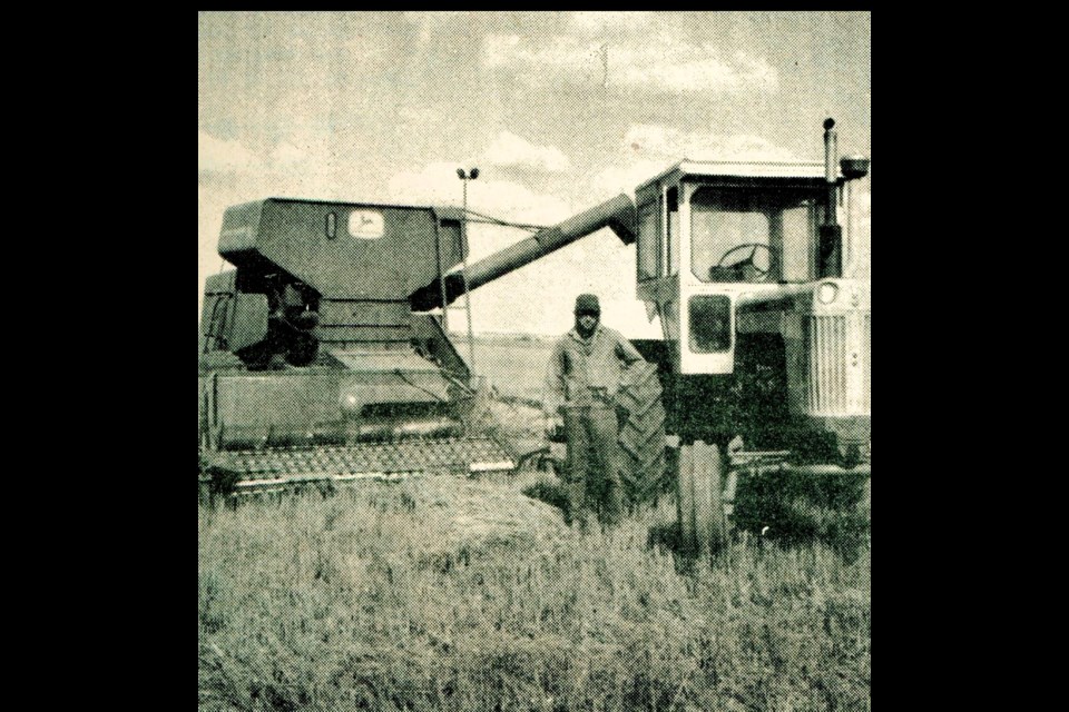 Harvester, Eddie Holzman on the John Holzman farm in the Scott district, who doubles as a second baseman for the Unity Cardinals in season, reported the wheat was running dry with an estimated yield of 30 bushels per acre.