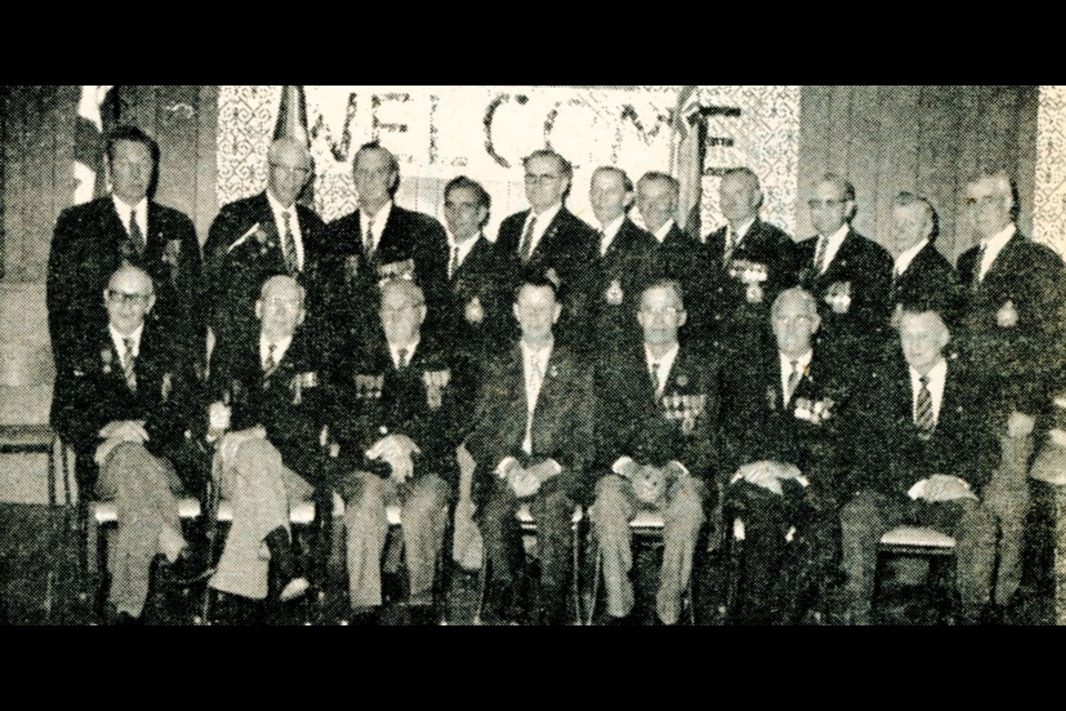 As part of the 1973 official opening of the extensively renovated and added-on-to Unity Legion Hall, the past presidents were honoured. Back row, Harold Robertson, Howard Simpson, Bill Routledge, Andy Irving (attending from Port Alberni, B.C.), Jack Jiggins (attending from Swan River, Man.), Si Campbell, Cec Hayward, Bill Fleming, Stan Halstead, Tony Fischer, Vern McDougall. Front row, Ken Heather, Jack Knowles, John Anderson, Alf Pritchard, Ed Barnett, Reg Cantelon and Bill Parr.