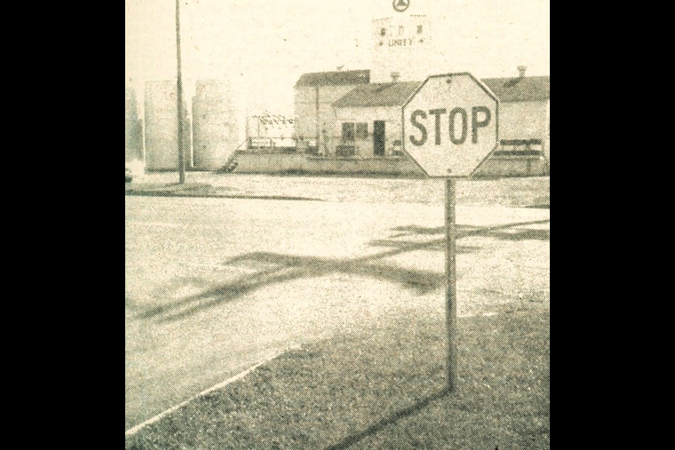 In Sept. of 1972, Unity's lone stop sign was located on 1st Ave. at the "town shop corner". Only having one stop sign in town with a growing population of around 2,500 was described as unique to the Town of Unity.