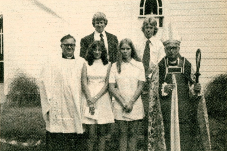 As part of St. Paul’s Anglican Church in Wilkie celebrating its diamond jubilee, a confirmation ceremony took place. In the photo are: back row, Richard Oatway and Wesley Coleman; front row, Rev. T. Thurlow, Gwen Coleman, Joyce Coleman and Bishop D.A. Ford. Photo (Wilkie Press archives)