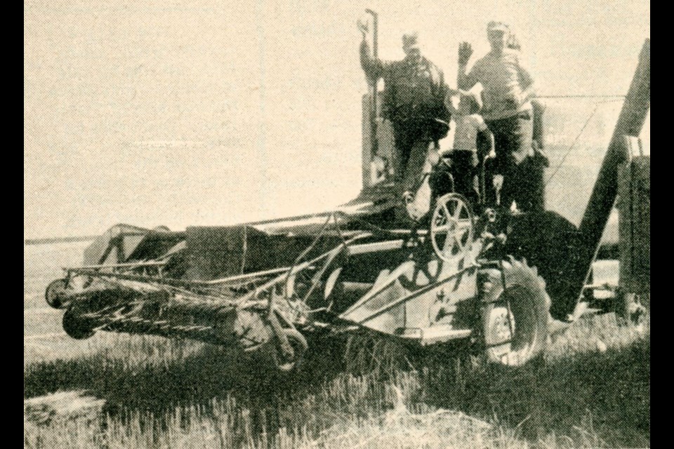 Three generations of Riesses bringing in the 1973 harvest: Grandpa Tony, son Alvin and grandson Kenny. 