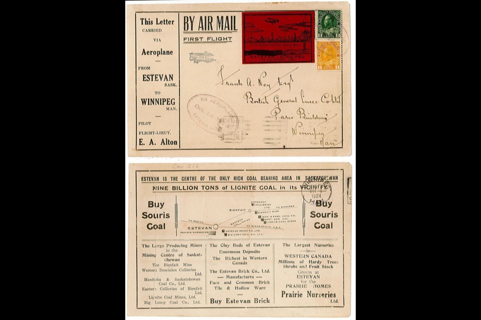 Front and back of the airmail covers that were to be delivered from Estevan to Winnipeg via the first Saskatchewan airmail flight in 1924. 