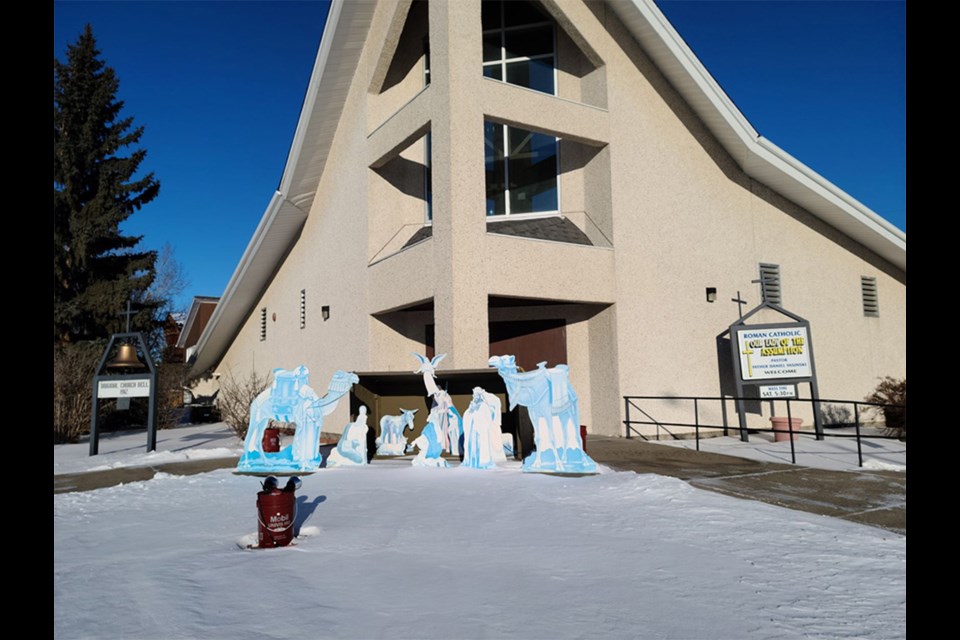 This church in Kerrobert displays the nativity scene on their front lawn.