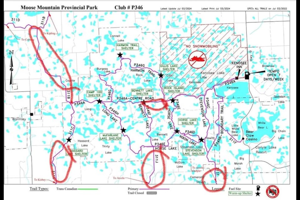 This map shows all the snowmobile trail in Moose Mountain Provincial Park and leading to the communities surrounding including White Bear. Areas where trails intersect on the map are Junctions which have a lexan map holder with the latest map marked with your location. There are 120 km of marked and groomed trails inside the Moose Mountain Provincial Park which are each numbered for identification. Park trails are numbered P346 using a A to H to identify them on the map. The Moose Mountain Snowmobile Club also marks and grooms 325 km of trail outside the Provincial Park connecting the communities using 311 A to H to identify them on the map.