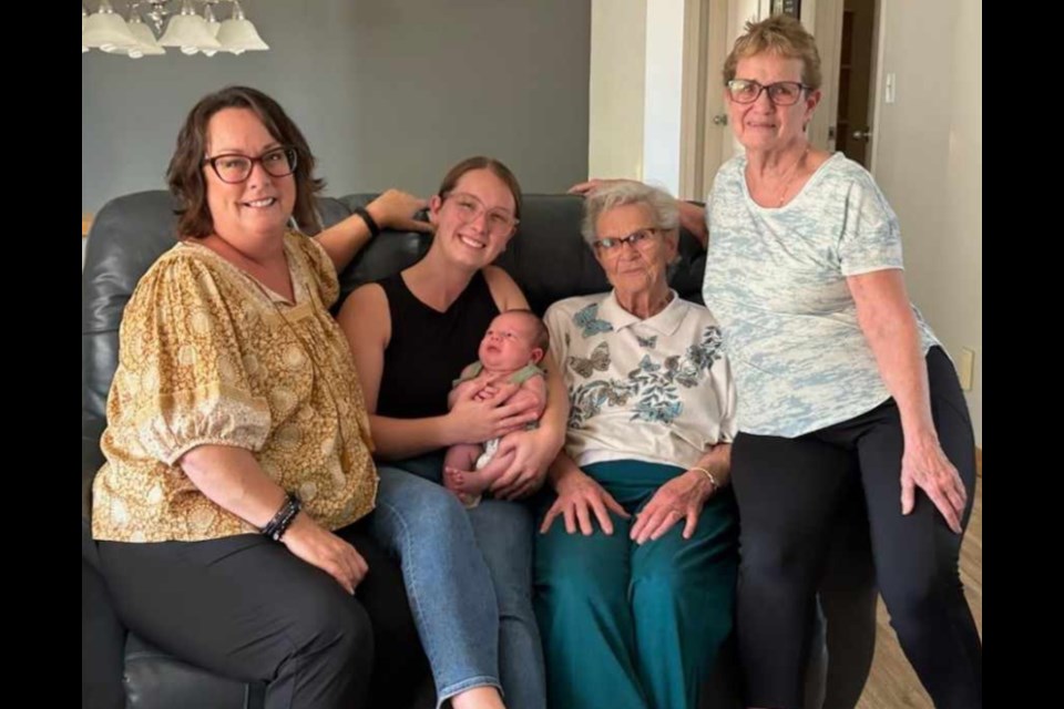 Vera Valliere of Paynton, her daughter Carol Newsted of Maidstone, Carol’s daughter Chelene Freyman of Maidstone and Chelene’s daughter Kaelin Kisling of Saskatoon with her baby Archer gathered for a photo of five generations during the Thanksgiving weekend.