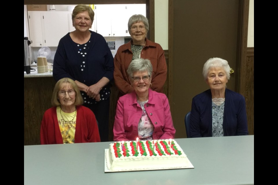 Borden Friendship Club members celebrating May birthdays are: back row - Rosann Carr, Ruby Wall; seated - Jean Longmore, Heather Penner and Julia Bezugly. 