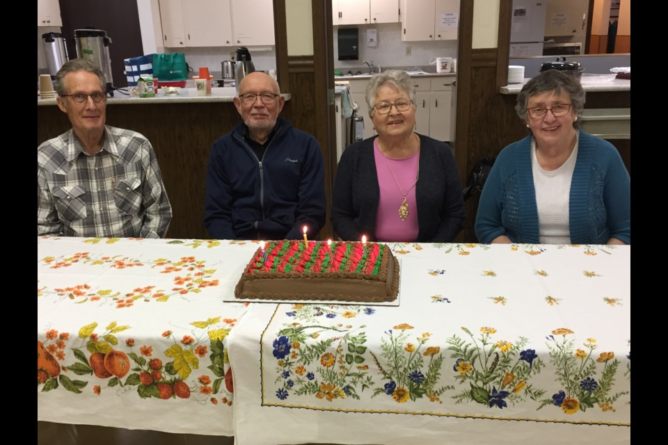 Ed Neufeld, Bob Wardhaugh, Irene Hamp and Velora Friesen were guests of honour at the Borden Friendship Club birthday potluck celebration April 27. 