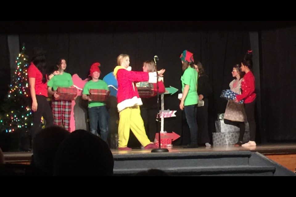 A scene from The Grouch, a play presented by Borden School Grade 5 and 6 students at a Christmas hosted Dec. 13. 