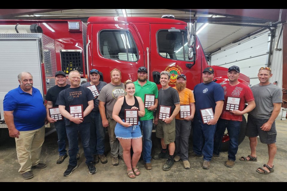 Maidstone Waseca and District Fire Board chairman, Laurie Wakefield, recently presented awards to: Murray Lundquist - 30 years, Calvin Nicholson - 30 years, Kelly McMillan - 15 years, Curtis Sutherland - 20 years, Brenna Giesbrecht 10 years, Josh Wyatt - 10 years, Trevor McLaren - 15 years, Jesse Bowering - five years, Brent Olson - 10 years, Johnathan Schempp - five years and Tyler Fritz - four years. Missing is Mike Andruik, five years. 