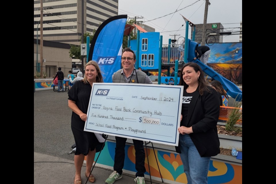 K+S Potash Canada makes a donation of $500,000 to the Regina Food Hub. Pictured are Chelsea Latridis K+S Potash, David Froh VP Regina Food Bank and Paige Gignac K+S Potash.