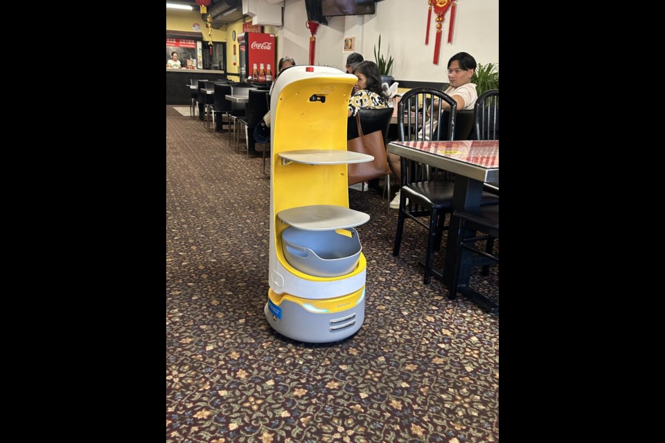 The restaurant delivery robot after the customer took her plate off the middle shelf. 