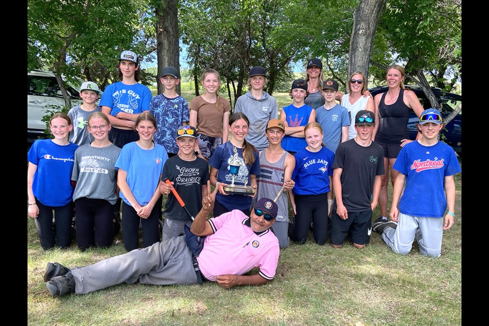 Maymont’s team at the MICRA ball tournament: Back row - Parker Sevick, Carter Mcintosh, Jared Meena, Emma Harder, Deagan Starycki, Dexter Stotz, Coach Jennifer Starycki, Keller Nickel, Coach Jackie Caldwell, Coach Tracey Meena. Middle row - Kara Combres, Jasmyn Elgersma, Emmerson Voegeli, Nate Starycki, Anneka Harder, Kyler Domak, Jayden Caldwell, Talon Cheney, Elliott Perehudoff. Front - Umpire Cliff. 