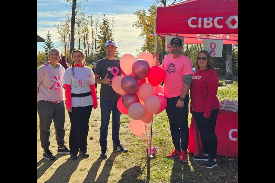 Cancer survivor Kerilee Tady, Pamela Connor, Robin Speer, Mayor Ames Leslie of Battleford and CIBC branch manager Ashlee Babiy. 