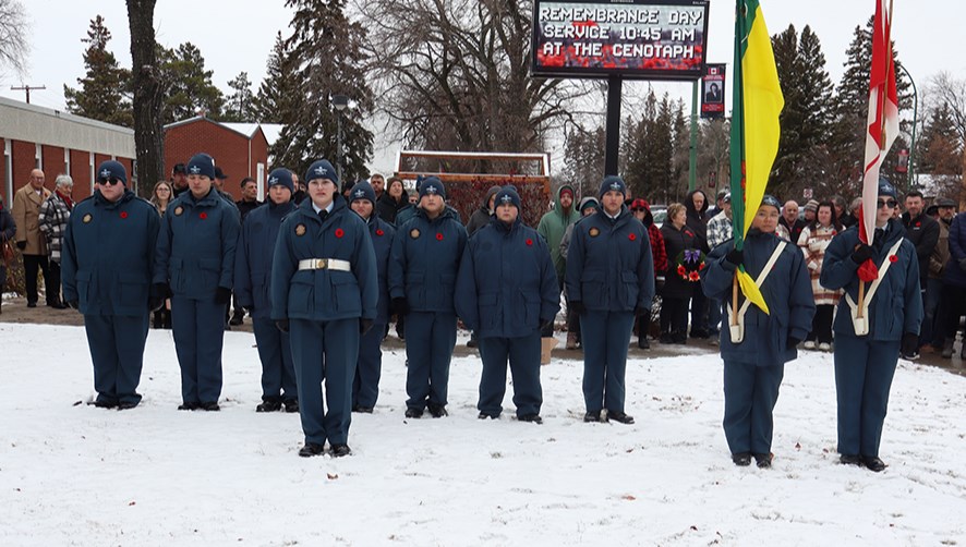 The Canora squadron of the Royal Canadian Air Cadets served as flag bearers for the Remembrance Day service at the Canora Cenotaph on Nov. 11. From left, were: Fcpl Max Paul, 
AC Owen Matychuk, AC Hudson Matychuk, Parade Commander Sgt Maisie Kuzminski, AC Dakota Maygard, AC Jax Becker, AC Sidney Hamm, Fcpl Mikayla Maygard, Saskatchewan flag bearer AC Echo Sabiston and Canada Flag Bearer Fcpl Zoe Becker. 