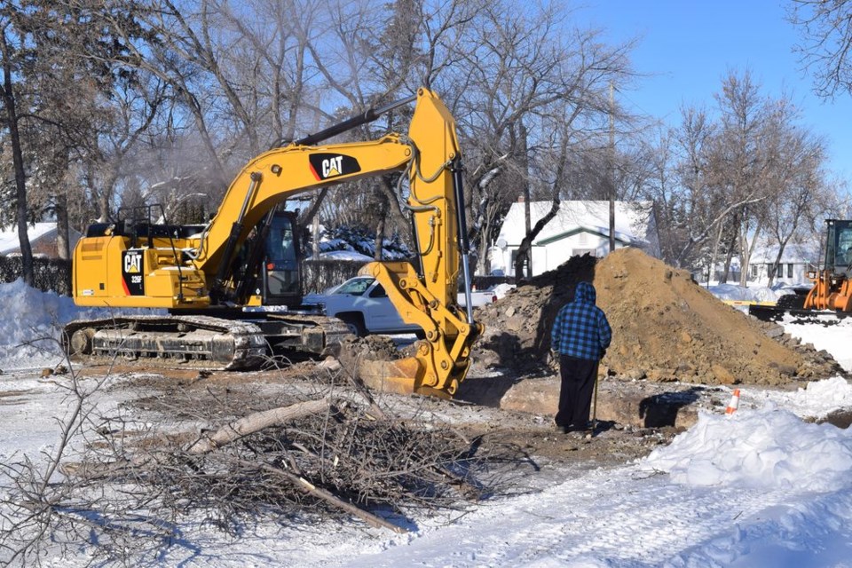 Even though the temperature was approaching -30 C in Canora on January 19, town workers were still out on Main Street north of the Ukrainian Orthodox Church to perform needed sewer repair work. Town Foreman Sheldon Derkatch said working in such extreme cold can be done, but it tends to slow everything down and workers need to be aware of possible frozen faces, fingers and toes. / Rocky Neufeld