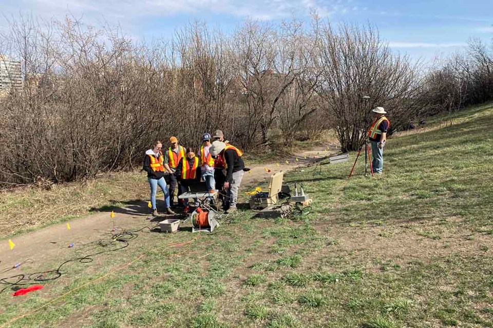 USask students during geophysics field school in May 2022 with Dr. Igor Morozov (PhD) and master’s student Mark Lepitzki. 