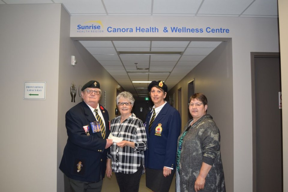 Members of the Canora branch of the Royal Canadian Legion visited the Health & Wellness Centre on June 15 to make a $1,000 donation from the Canora Legion Poppy Fund to the Ladies Hospital Auxiliary toward the purchase of a wheelchair for the Health & Wellness Centre. From left, were: Chris Sokoloski (Legion President), Angie Drobot (Auxiliary treasurer), Deb Gabora (Legion member) and Lorie Wasyliw (Auxiliary president).