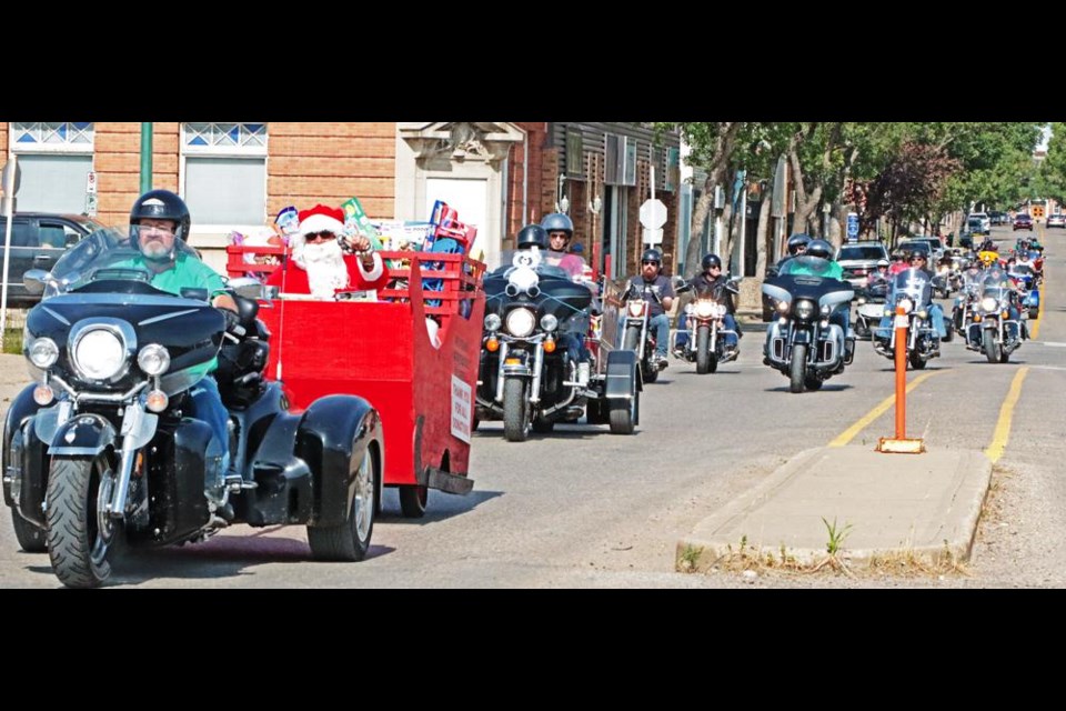 The Independent Riders rode through the downtown of Weyburn before crossing the river and the highway to end up at River Park for the Toy Run on Saturday.