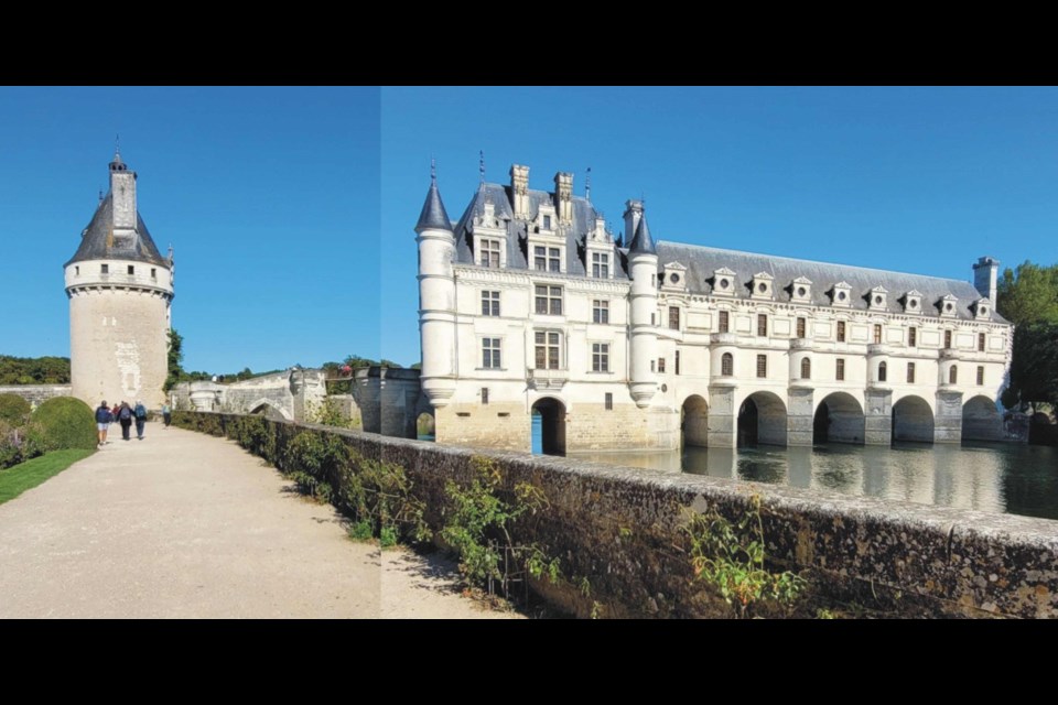 A combination of two photographs to show the Chenonceau castle complex.