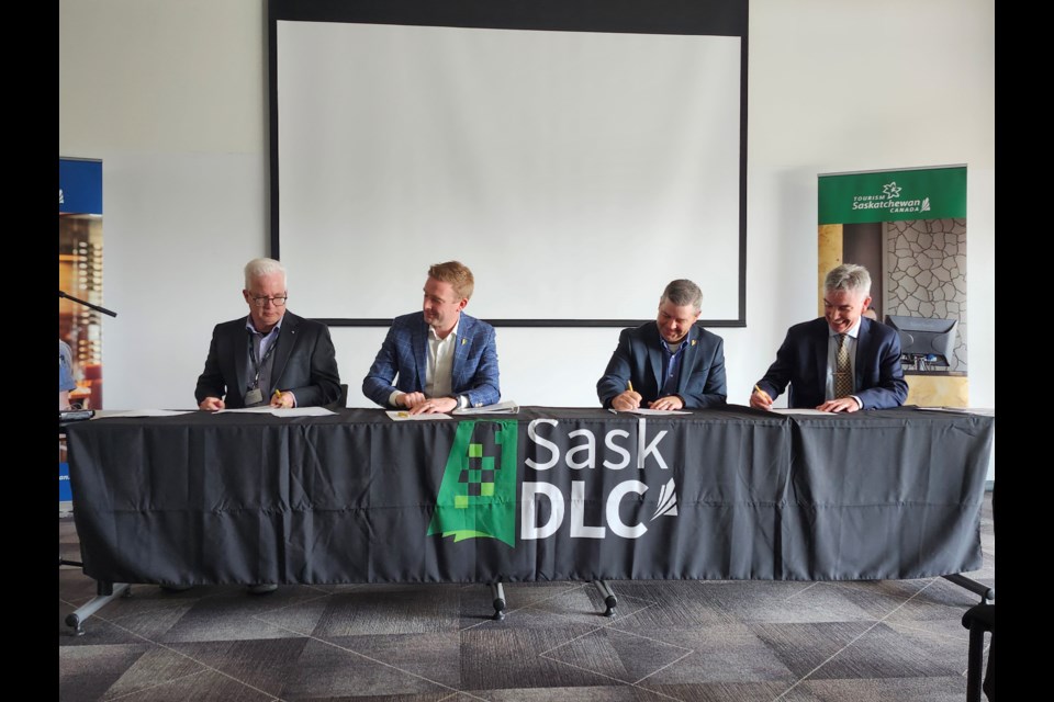 From left: Sask DLC CEO Darren Gasper, Education Minister Jeremy Cockrill, Minister responsible for Tourism Saskatchewan Jeremy Harrison, and Tourism Saskatchewan CEO Jonathan Potts signed the partnership agreement to include a tourism course in the distance learning program. 