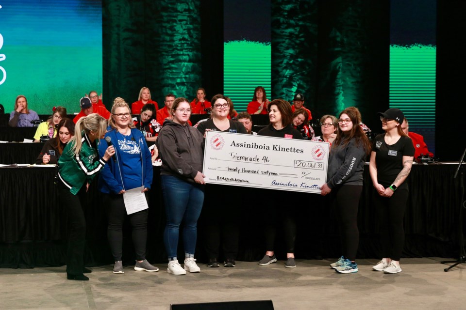 The Assiniboia Kinettes presented $20,061.33 from community donations to cast member Beverley Mahood (at far left). Kinettes holding the cheque, from left, are Raelynn Nicholson, Lara Shkuratoff, Lisa Martin, Lorraine Duxbury, Mina Wirges, Talsa Warken.