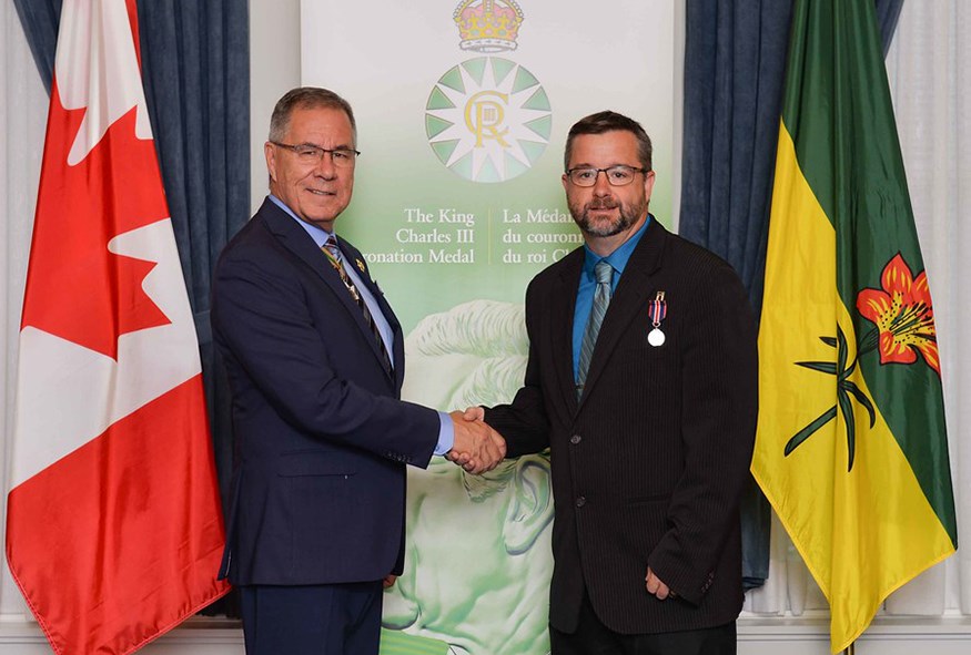 Lieutenant Governor Russ Mirasty awarded a King Charles III Coronation Medal to Terry Wilson of Canora on Sept. 19 in a ceremony at Government House in Regina. 