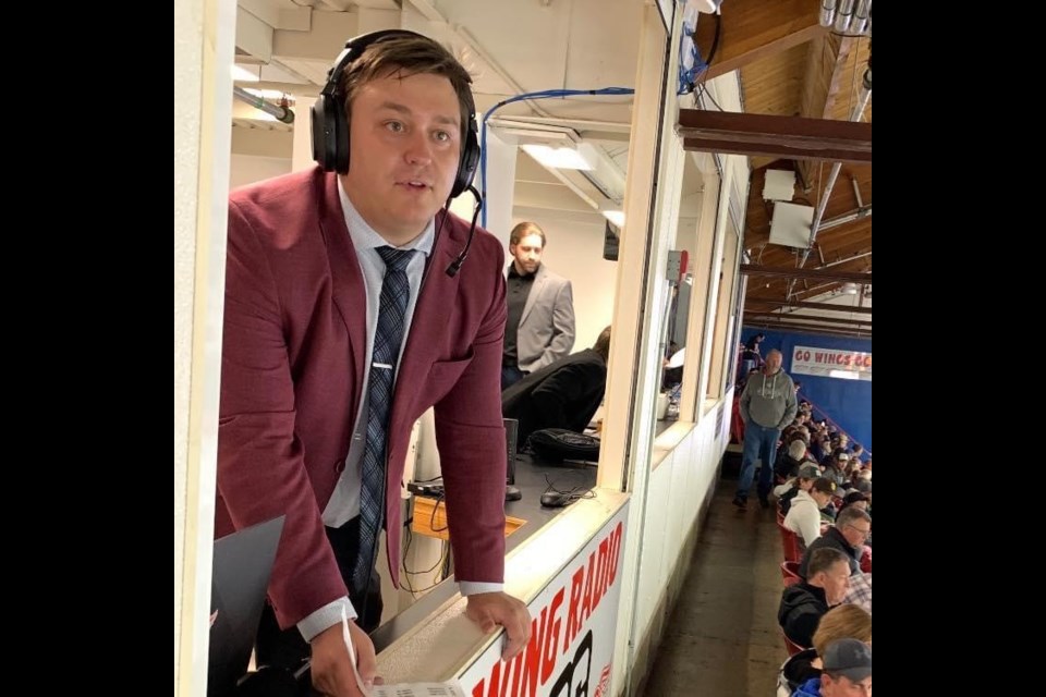 Nick Nielsen, McLurg alumnus, in action as play-by-play announcer for the SJHL's Weyburn Red Wings.