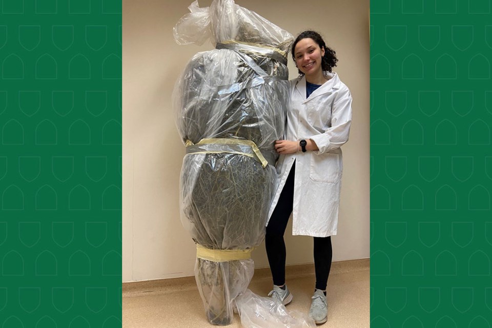 Through her undergraduate thesis project, Olivia Stewart (BSA’24) demonstrated that a common weed found in Saskatchewan—kochia—is a viable source of cellulose. Here she is pictured with kochia prior to processing. 