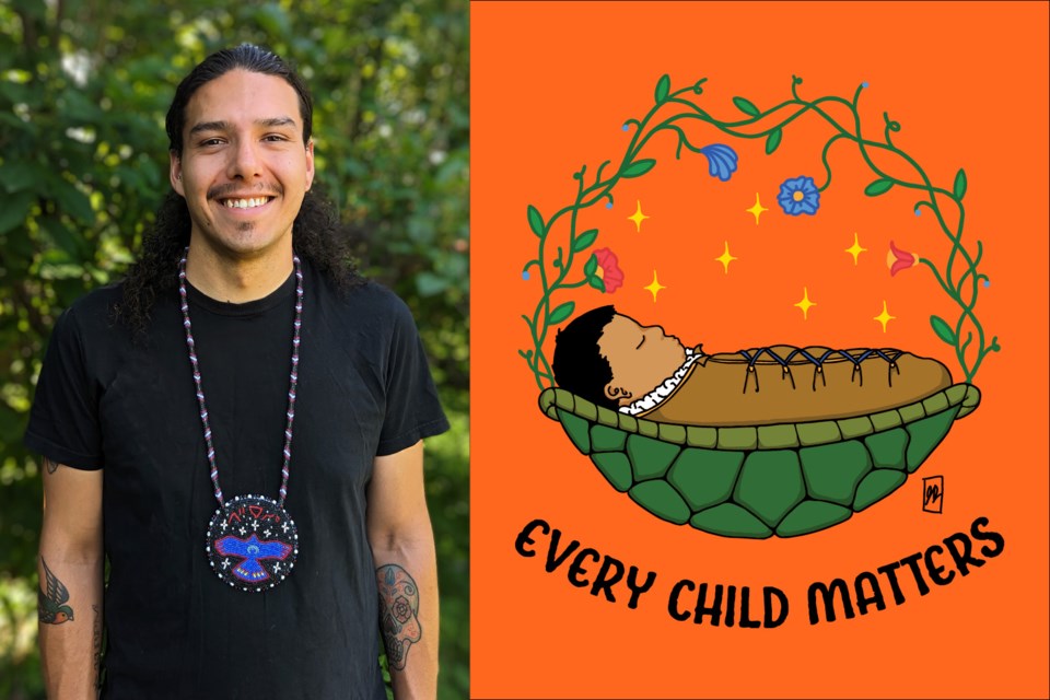 James Desjarlais and his artwork commissioned by the University of Saskatchewan Indigenous Space & Visual Symbols in the Health Sciences Committee for Orange Shirt Day 2024. 
