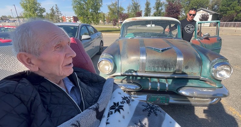 A special birthday surprise for John Oystryk was provided by his grandson Allan Oystryk, who had purchased this 1955 Pontiac Pathfinder Deluxe which John had originally bought in 1959, and brought it to Canora from Saskatoon for the occasion. 