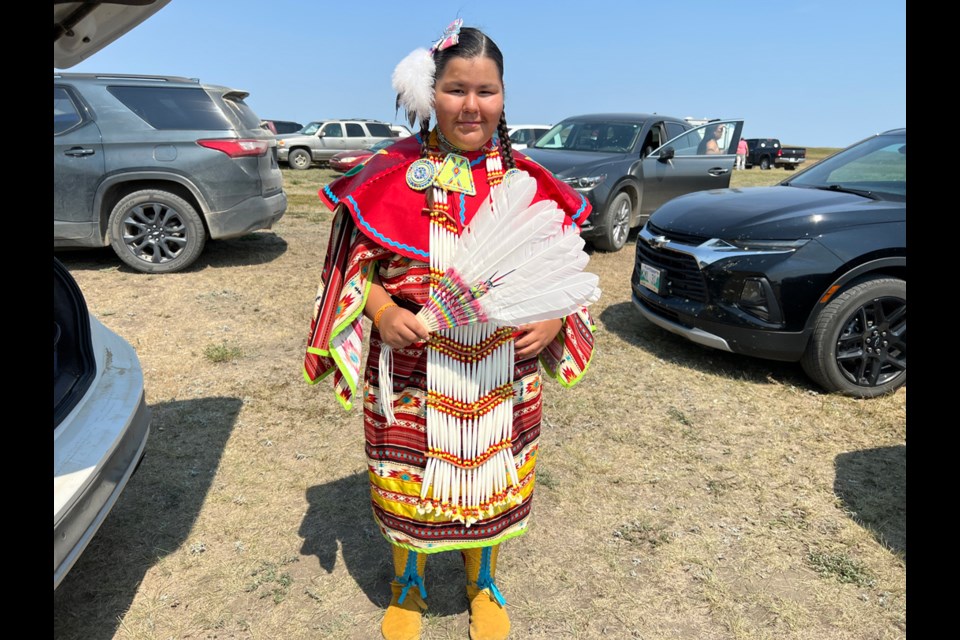 Addisyn George from Ochapowace First Nations came to the Pheasant Rump powwow to dance in the junior traditional class.