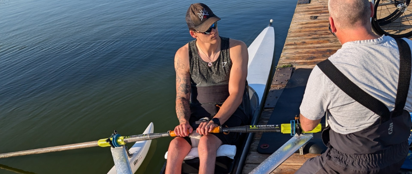 Jacob Wassermann competes in Paris in a rowing seat designed and built at the Saskatoon campus of Sask Polytech.