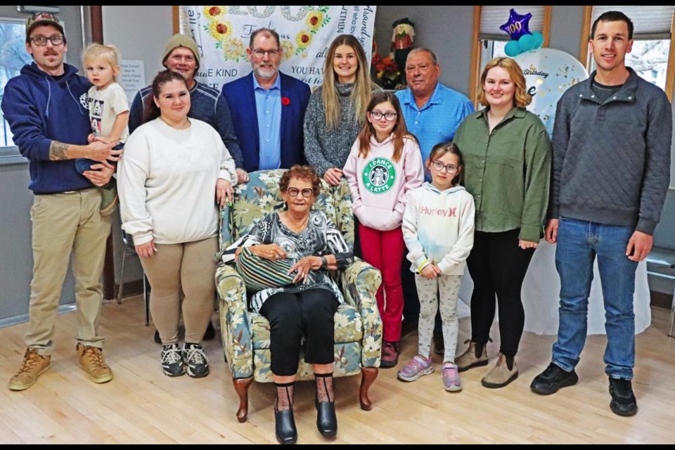 This was a group of family members on hand to help Susan Mailhiot, or "Glamma Sue", mark her 100th birthday on Saturday. In front is Susan Mailhiot, and behind her, left to right are Byron Shangraw, Sig Shangraw (great great grandson), Denni Shangraw (great granddaughter), Cory Abel (grandson), Darren Abel (grandson), Piper Abel (great granddaughter), Raquel Shangraw (great great granddaughter), Doug Abel (son), Gabriella Shangraw (great great granddaughter), Tatum Tily (great granddaughter), Dallas Tily. 