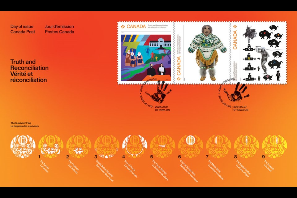 The new Canada Post stamps from artists Robert Burke, Helen Iguptak, and USask alum Adrian Stimson, all residential school survivors, to commemorate the National Day for Truth and Reconciliation. 