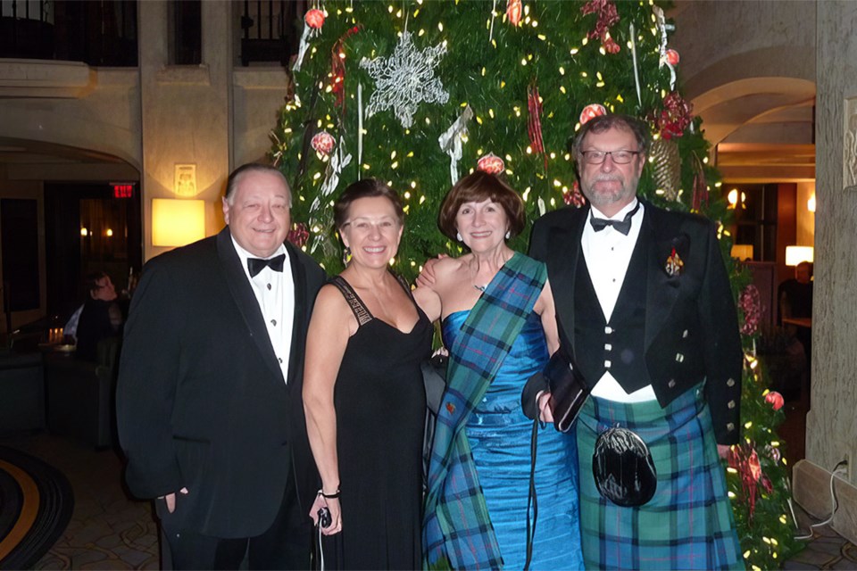 Activist academic and lawyer Sa’ke’j Henderson and Marie Battiste, a Mi’kmaq educator, professor and scholar, join Dr. Isobel Findlay and Dr. Leonard “Len” Murray Findlay at a Royal Society event. 