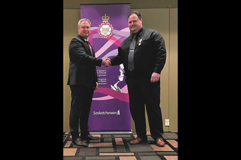 Kerrobert's Mayor, Wayne Mock, received a Queen's Platinum Jubilee medal from a special ceremony held in Kindersley, Dec. 2.