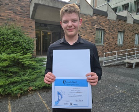 In the under 17 Speech class, Willem Hoogstad gave an award-winning performance, claiming first place and $1,000 in prize money at the Canada West Performing Arts Festival.