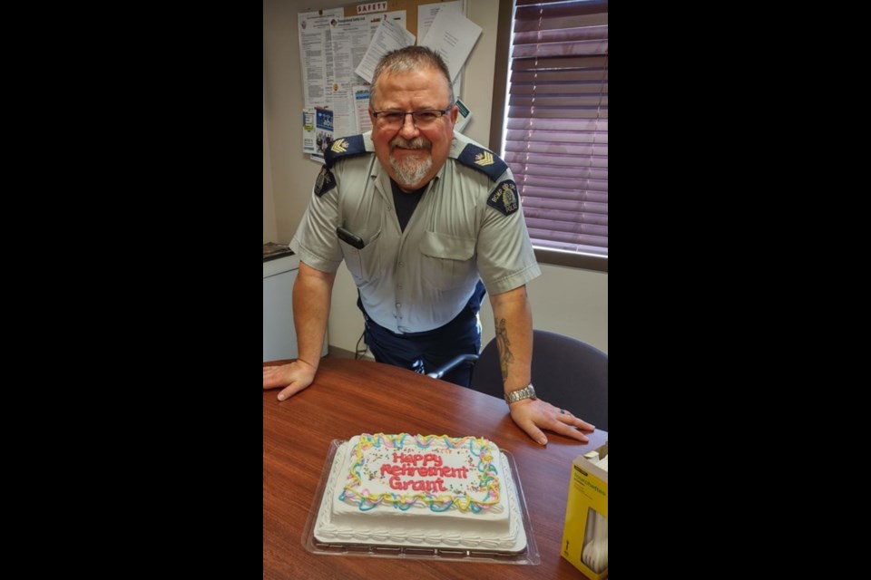 Sgt. Grant Rusk, Detachment Commander for Unity RCMP, finished his last day of service with a cake and fellow members.