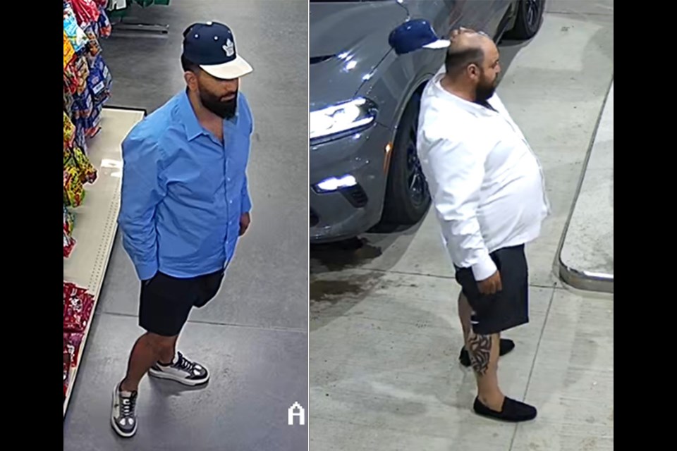 The two male suspects were both wearing a navy blue Toronto Maple Leaf’s baseball cap with a white brim or visor.