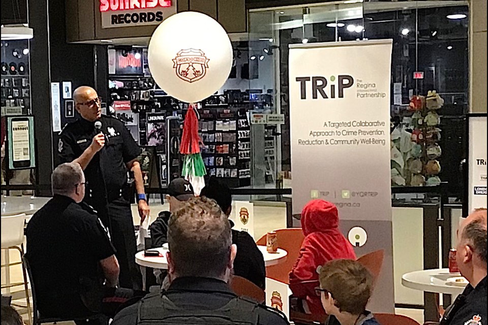 Regina Police Chief Farooq Sheikh has opening remarks at the noon lunch to open the Cops and Kids event at Cornwall Centre.