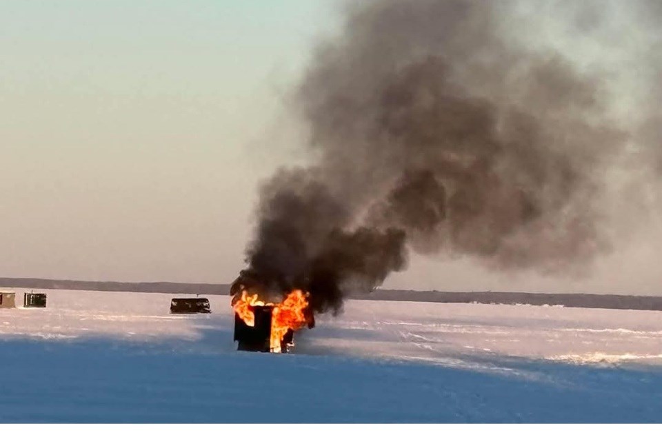 Shown is a picture of the ice shack that was burned down in a fire.