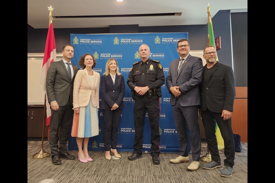 Ministers Tim McLeod (Mental Health) and Bronwyn Eyre (Justice and Attorney General), Ward 6 Councillor Cynthia Block, Saskatoon Police Service Chief Cameron McBride, Minister Paul Merriman (Corrections, Policing and Public Safety), and Saskatoon Riversdale MLA Marv Friesen.