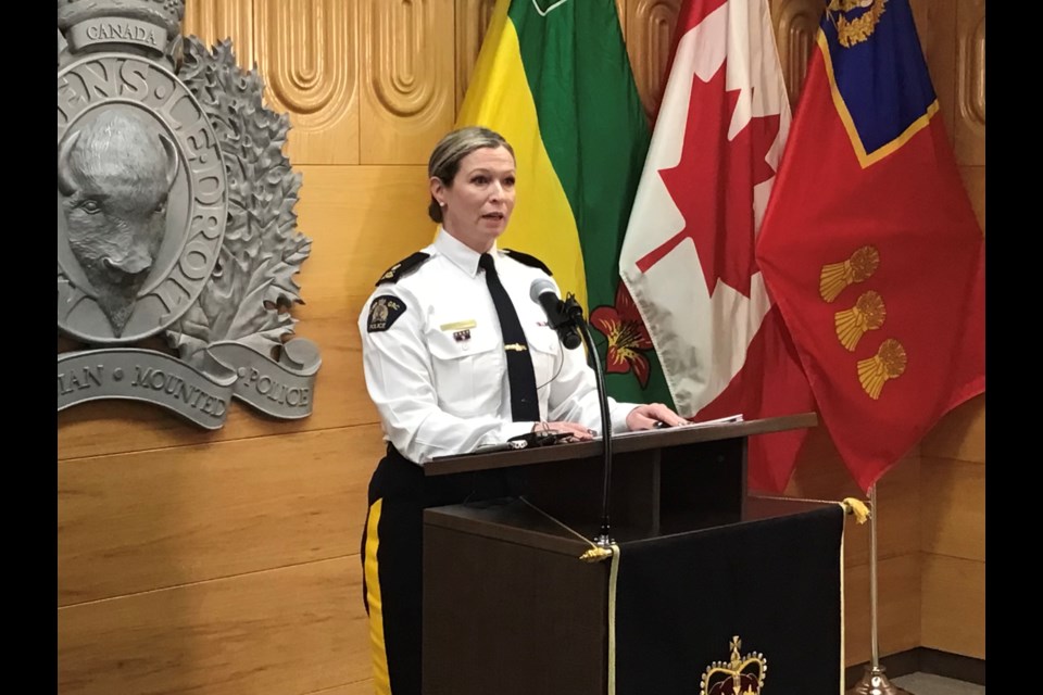 Inspector Ashley St. Germaine, Senior Investigative Officer with RCMP Major Crimes Branch, speaks to reporters.