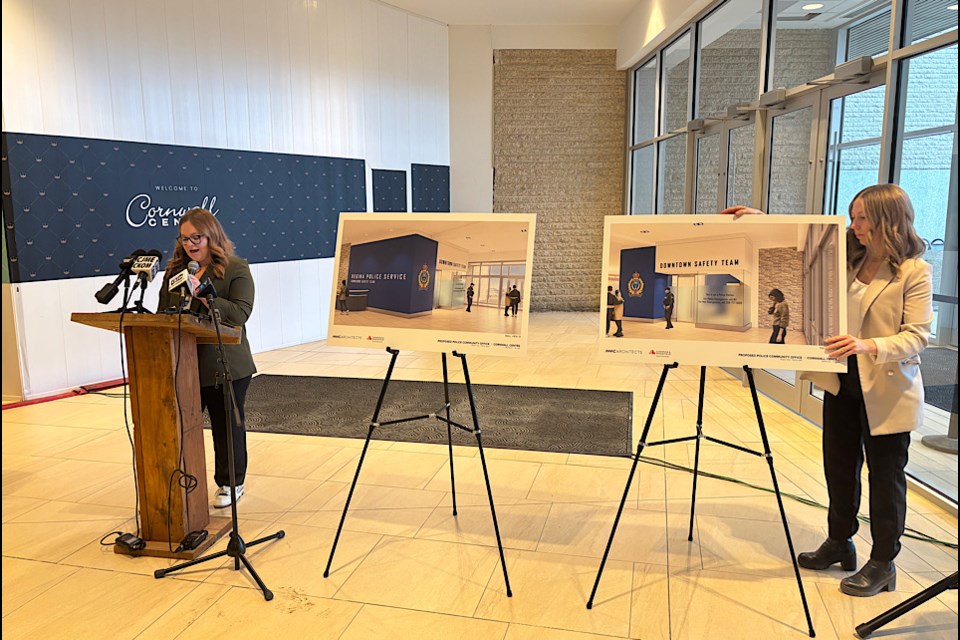 Cornwall Centre General Manager Kendra Wren speaks as the mock-ups for the Regina Police Service space in the mall is unveiled.