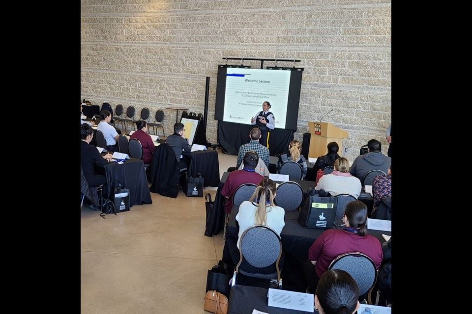 Saskatchewan RCMP's Commanding Officer, A/Commr. Rhonda Blackmore speaking during a recruiting session.