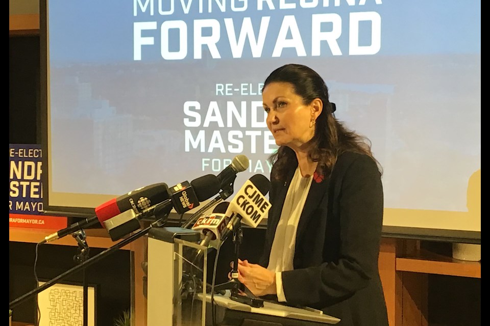 Sandra Masters speaks at the launch of her 2020 platform for mayor of Regina