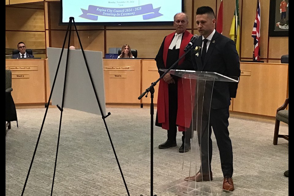 Chad Buchynski takes the oath of office as new Mayor of Regina.